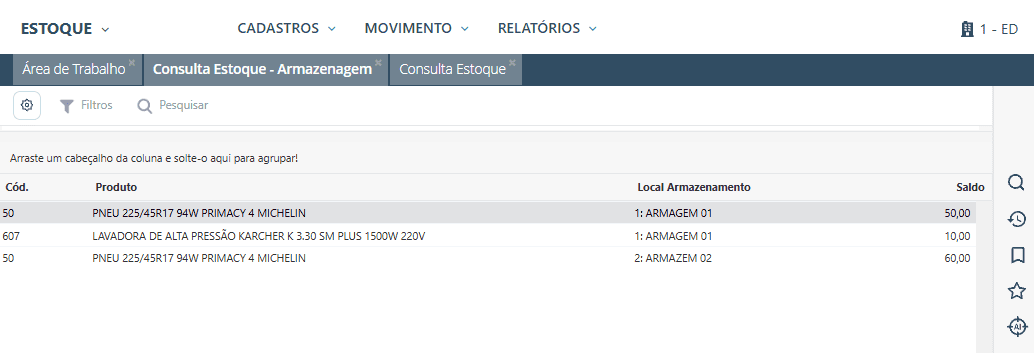 Tela de consulta de estoque do ERP M8
