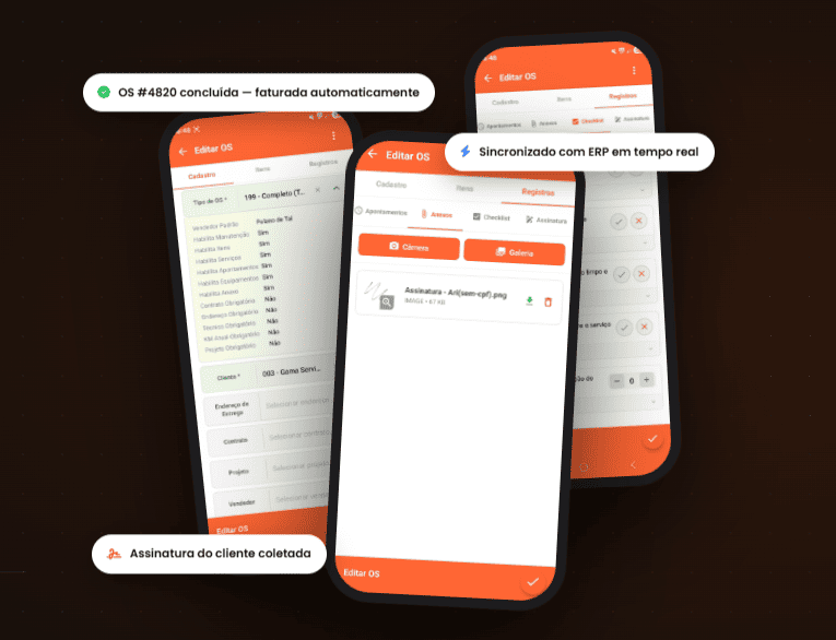 Aplicativo de ordens de serviço do ERP M8 no celular