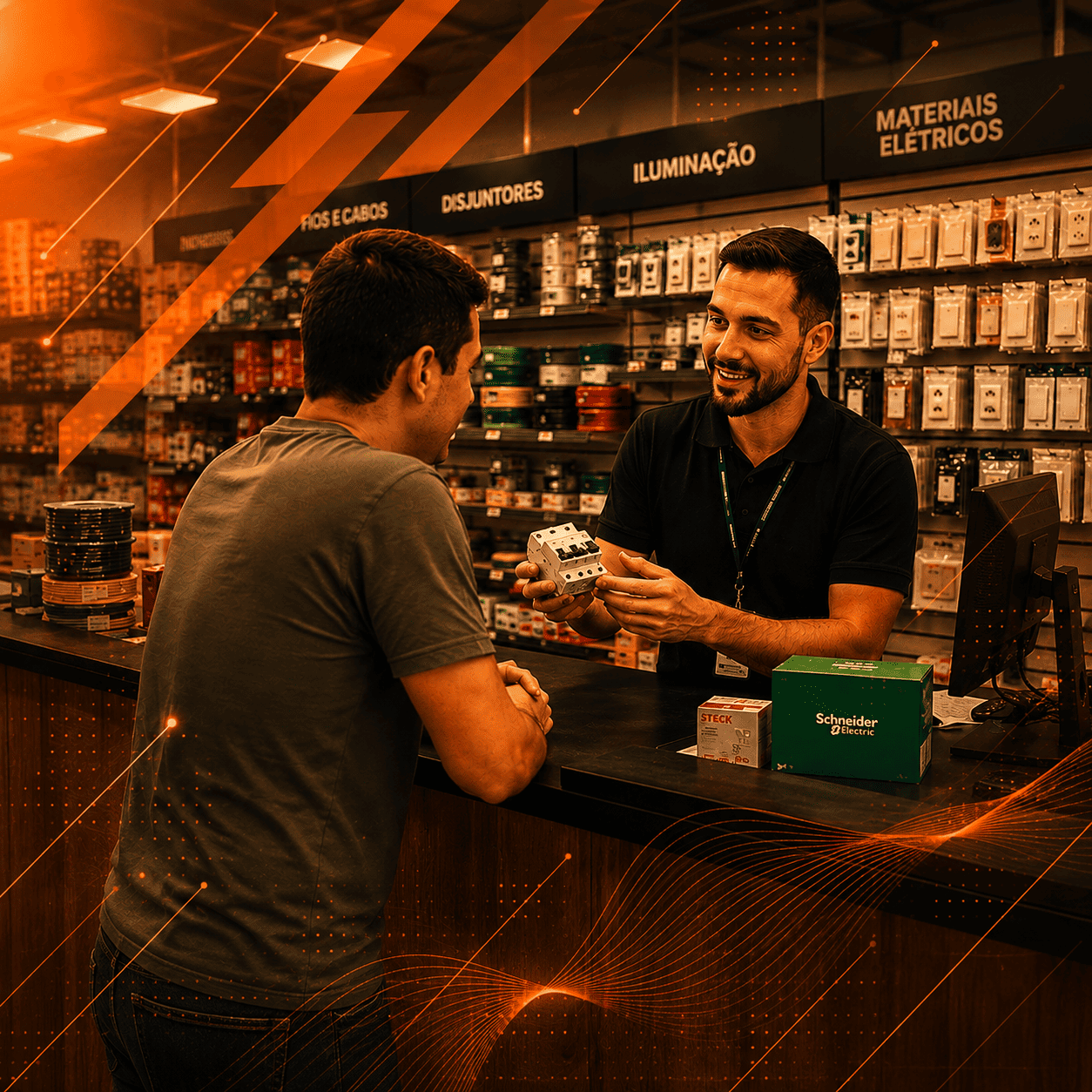 Atendimento no balcão de loja de materiais com o ERP M8