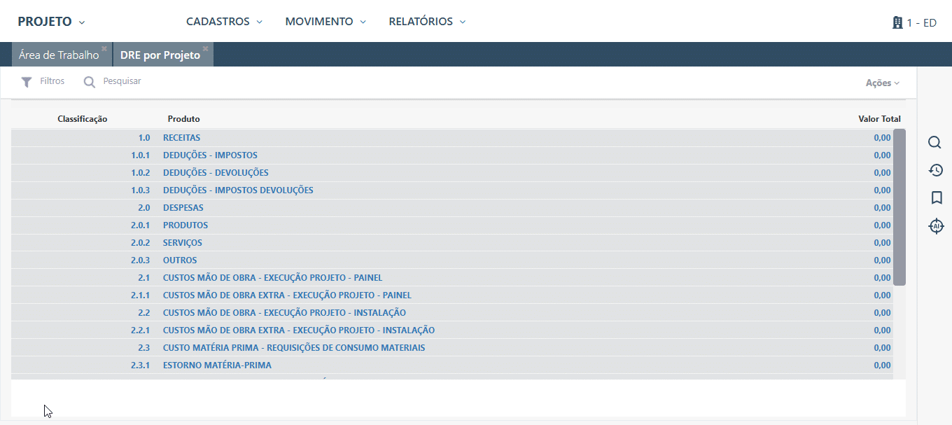 DRE exclusiva por projeto