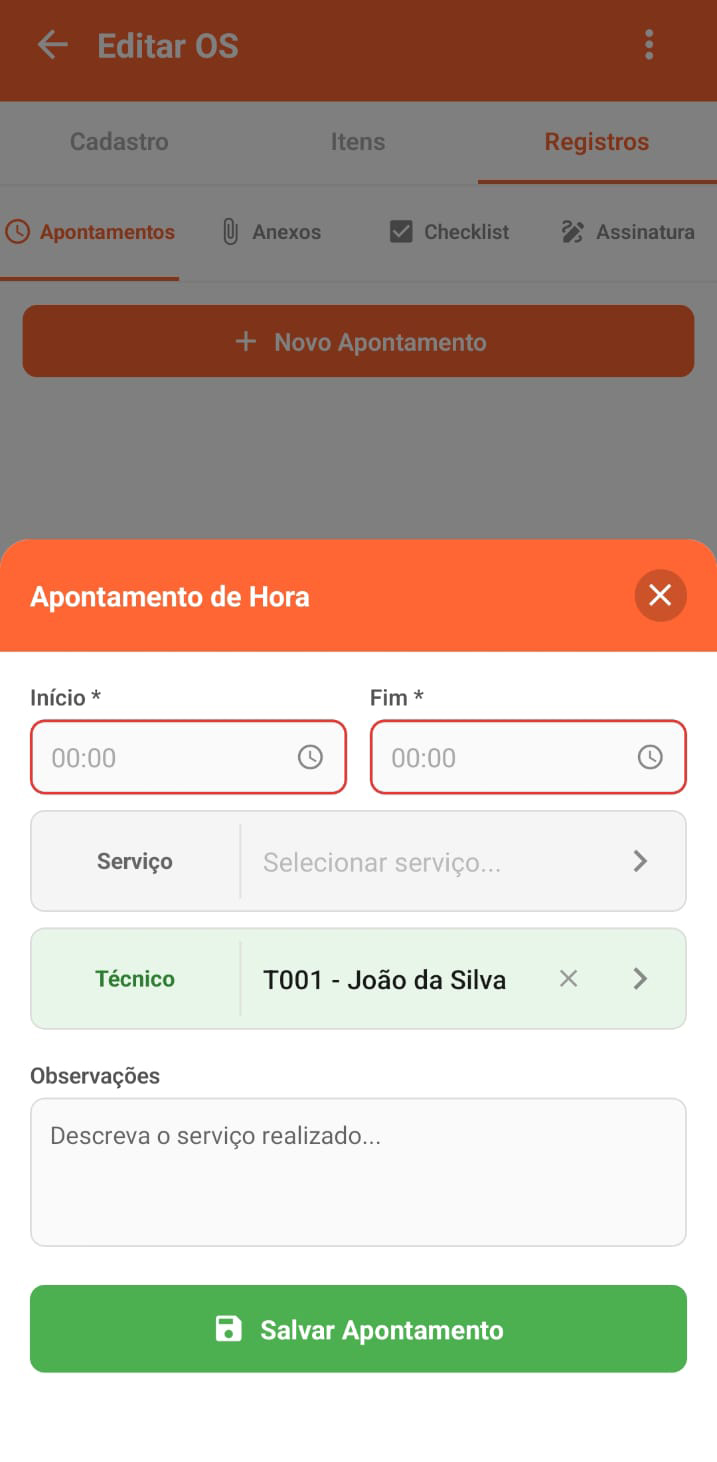 Apontamento de horas trabalhadas no aplicativo de OS