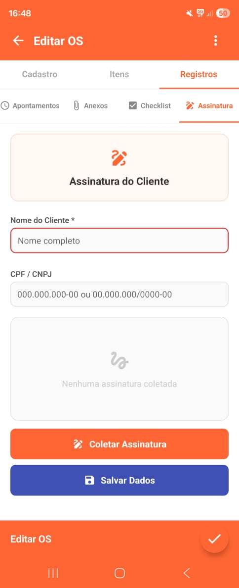 Assinatura digital do cliente no aplicativo de OS