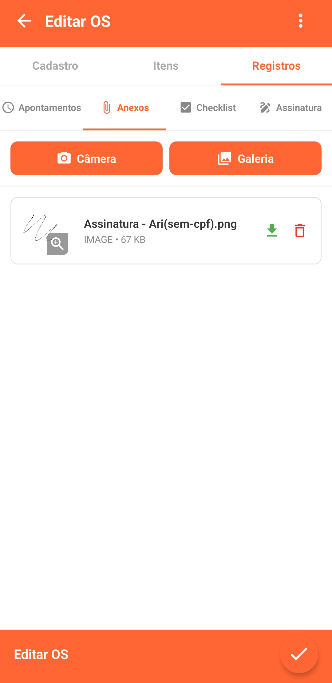 Confirmação da assinatura coletada no aplicativo de OS