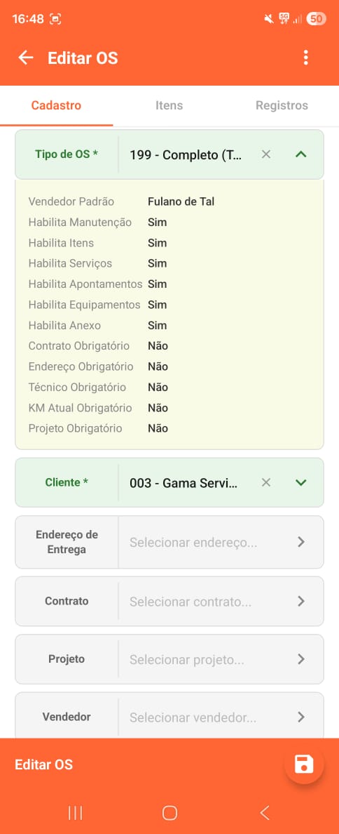 Cadastro da OS no aplicativo de campo