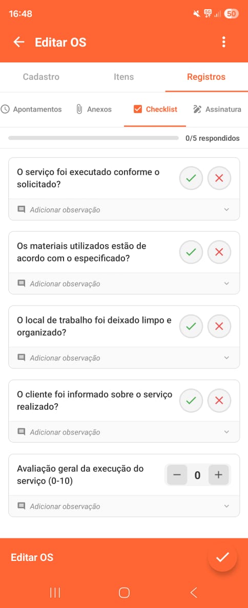Checklist de execução do serviço no aplicativo de OS
