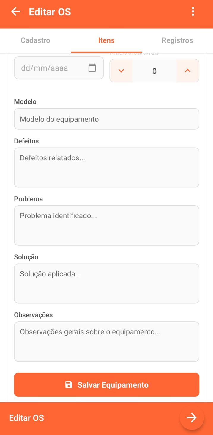 Vincular equipamento ao atendimento no aplicativo de OS