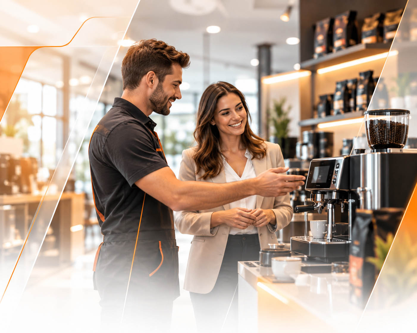 Vendedor apresentando uma máquina de café profissional a um cliente em showroom - substituir por foto real após o upload no WordPress