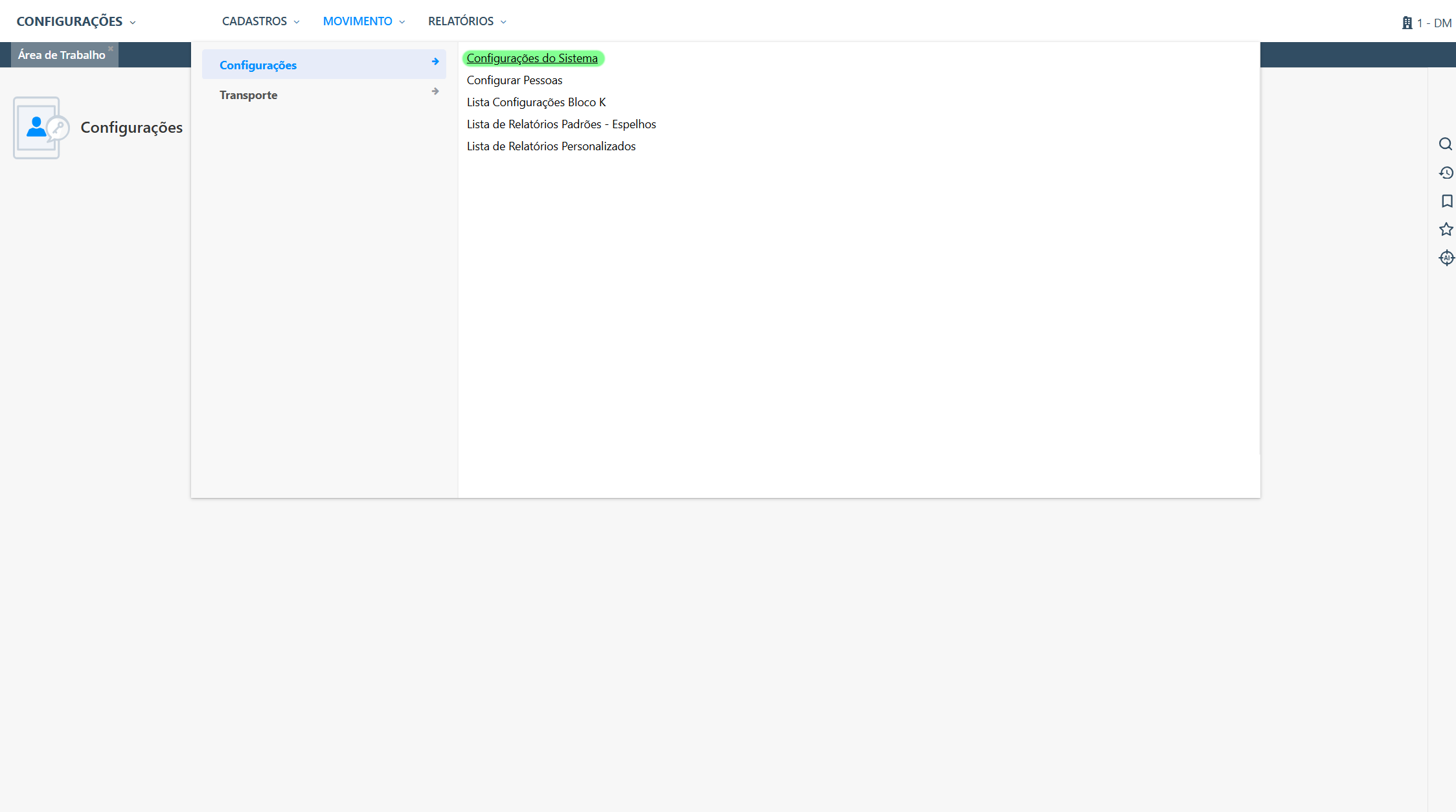 Menu Configurações do Sistema no ERP M8