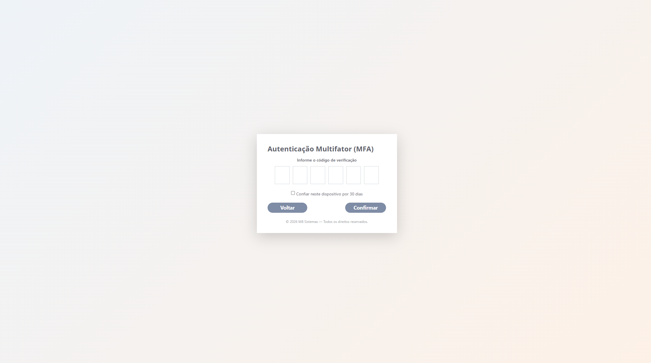 Tela de verificação MFA nos próximos acessos